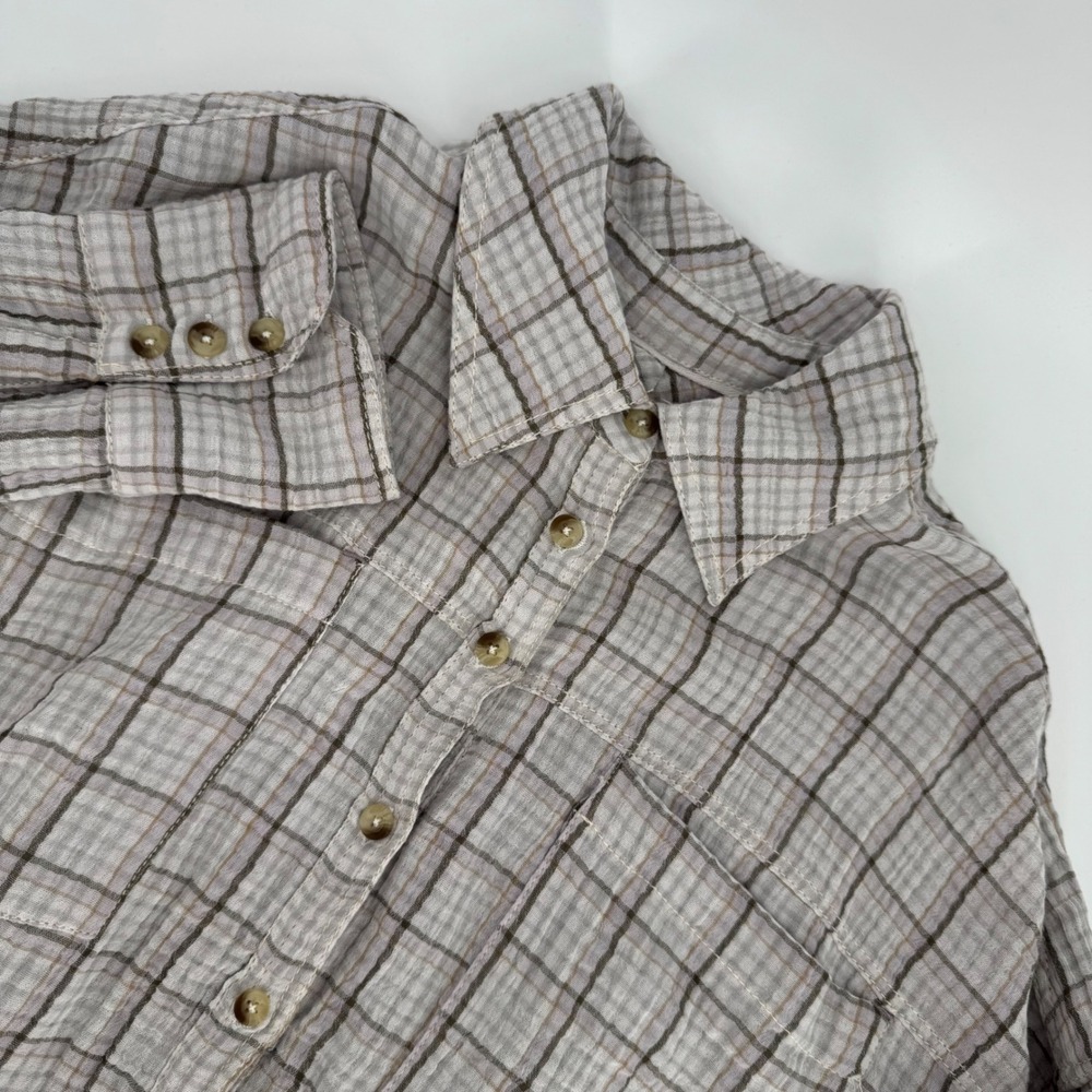 We The Free‎ Free People XS Plaid Gauze Button Down Shirt Gray Brown Oversized